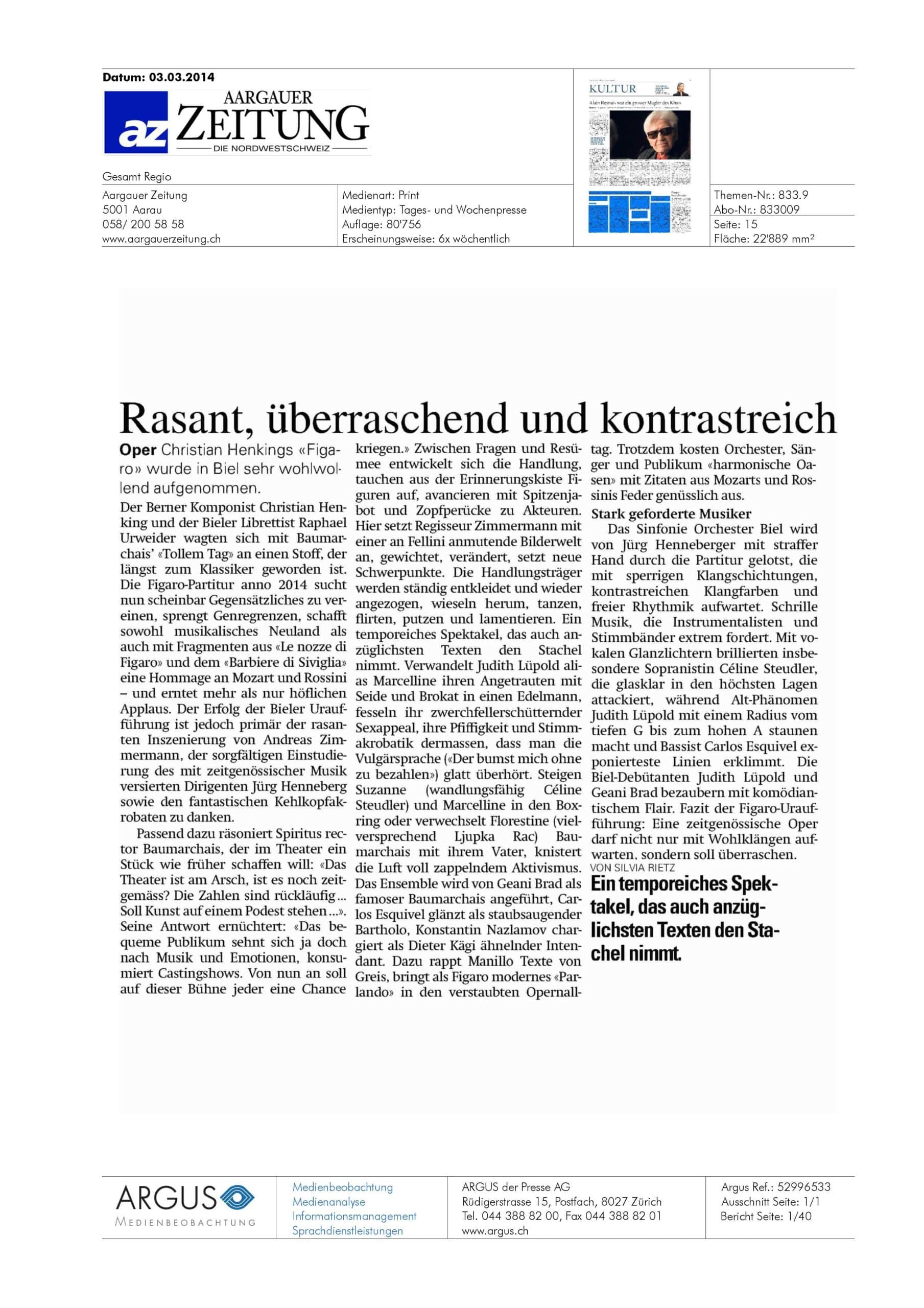 Aargauer Zeitung, 3th march 2014 